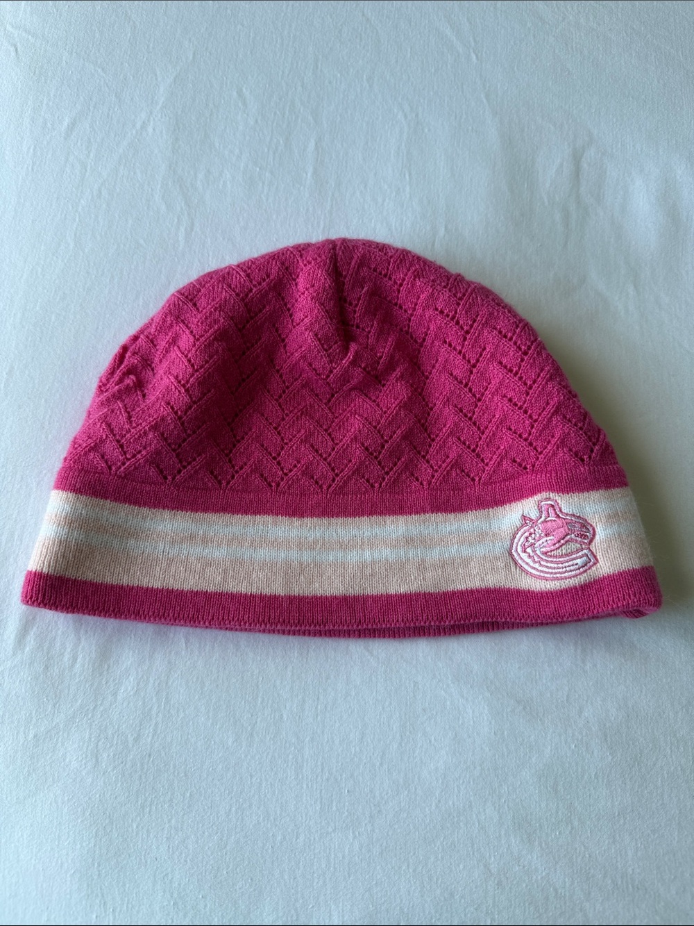 NHL Pink and White Striped Beanie Hat- Vancouver Canucks